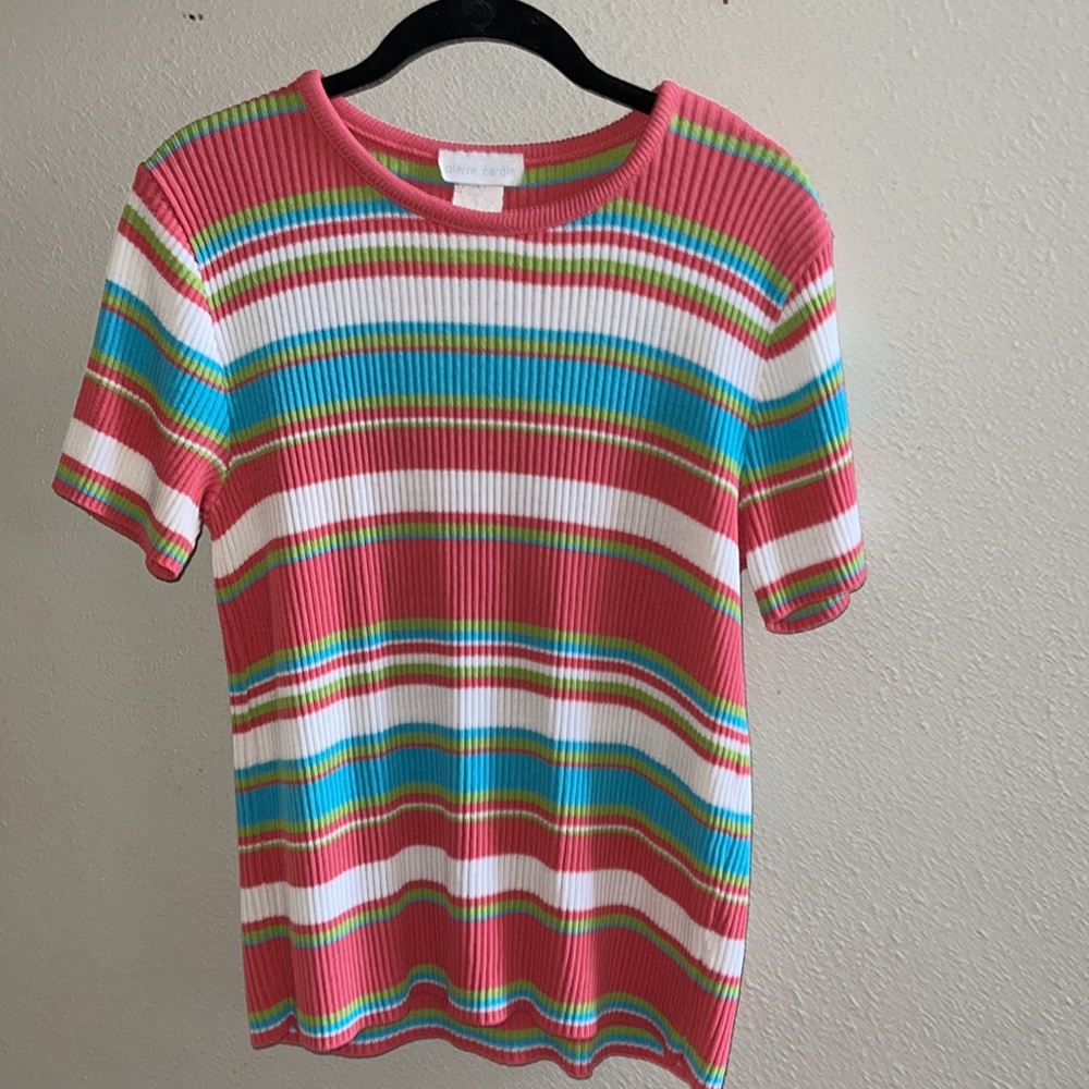 Pierre Cardin multicolored striped shirt sleeve scoop neck sweater.